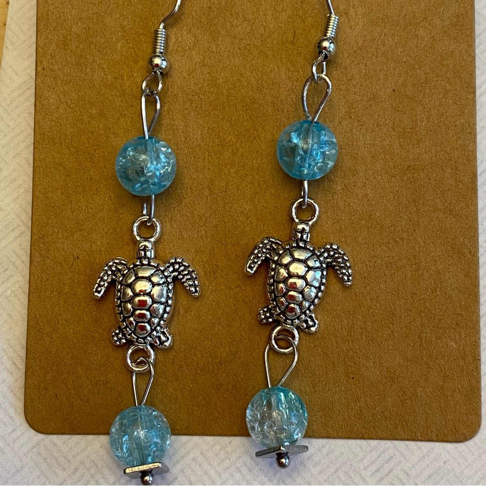 Hand Crafted Silver and Blue Sea Turtle Beaded Dangle Earrings